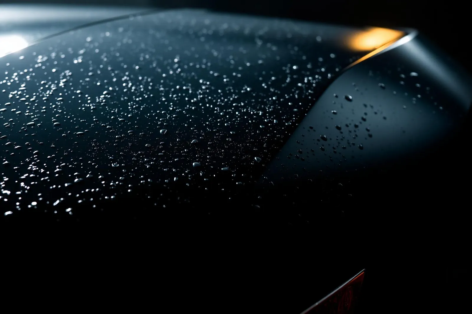 Water beading on a freshly waxed black car